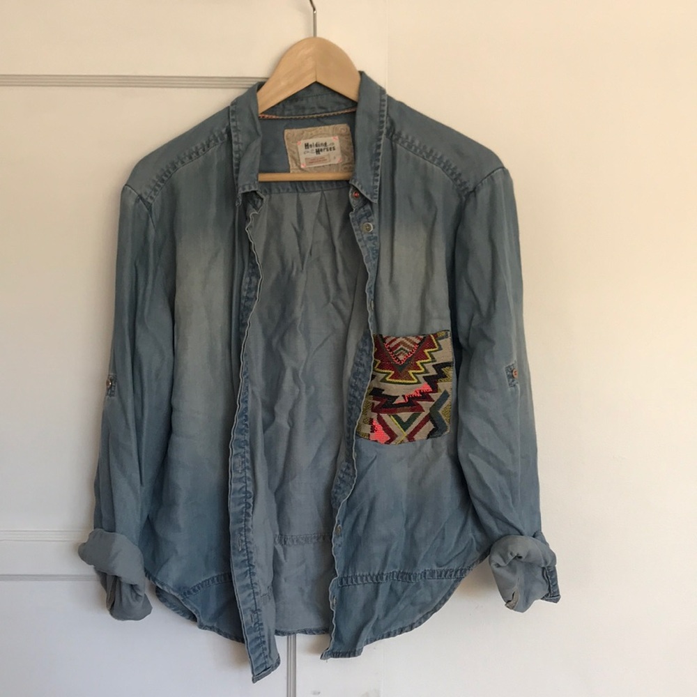 Blue Button Up with Aztec Stitched Pocket